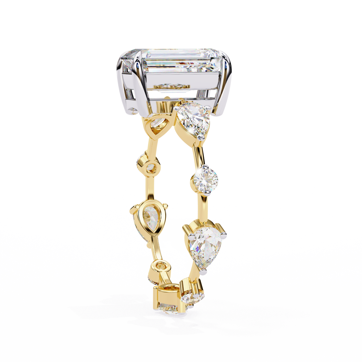 Yellow Gold Emerald Cut Diamond Ring with Pear and Round Eternity Accents
