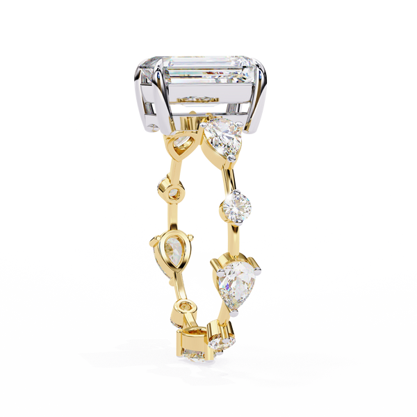 Yellow Gold Emerald Cut Diamond Ring with Pear and Round Eternity Accents