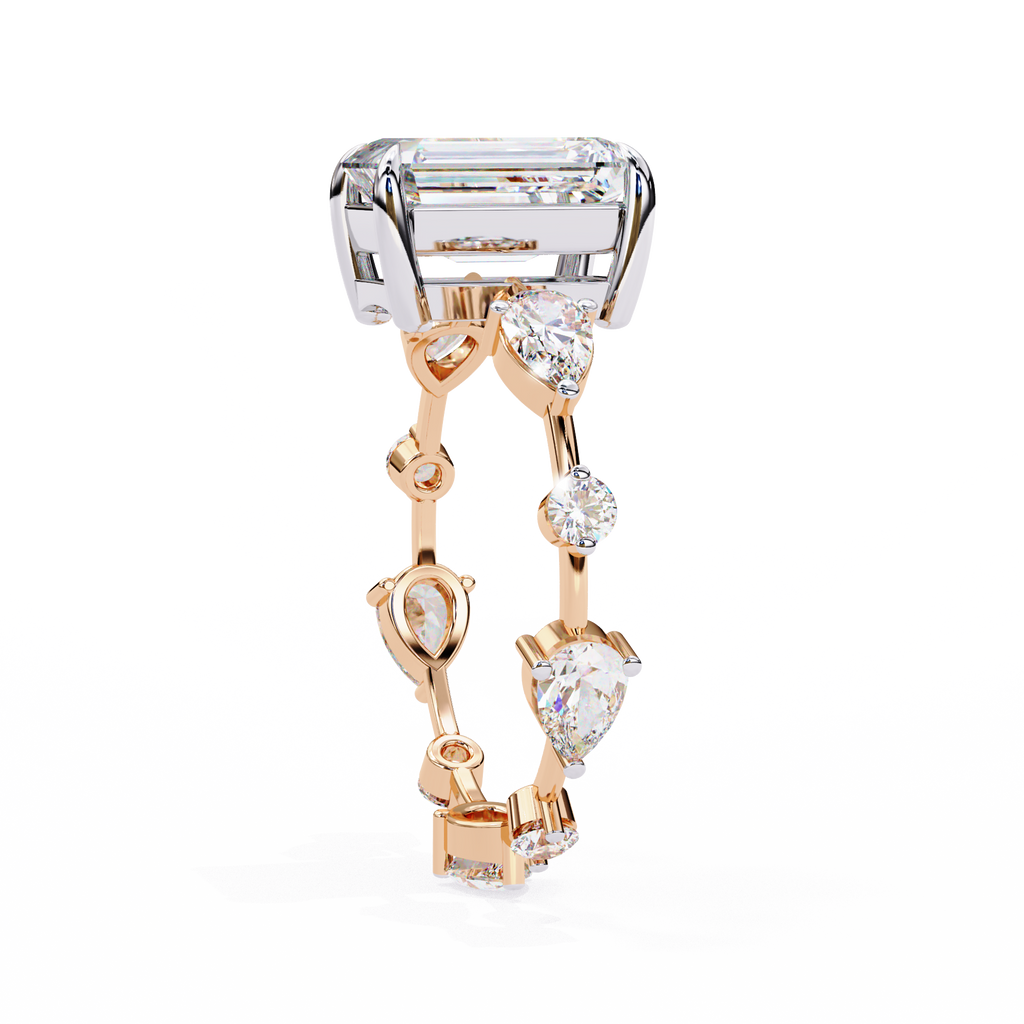 Rose Gold Emerald Cut Diamond Ring with Pear Eternity Band