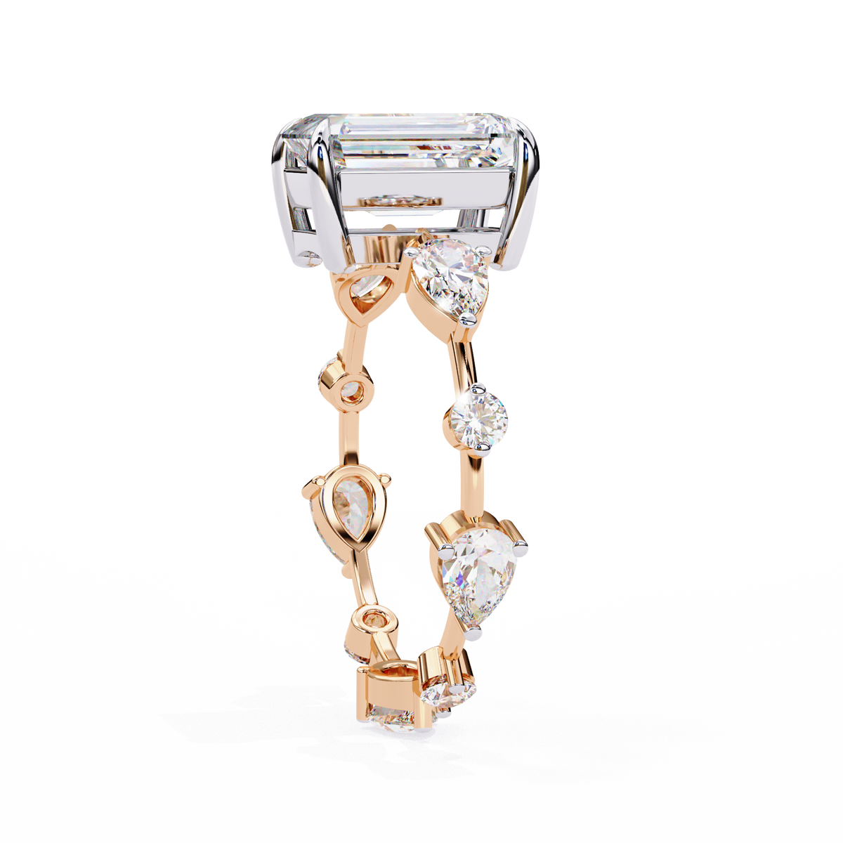 Rose Gold Emerald Cut Diamond Ring with Pear Eternity Band