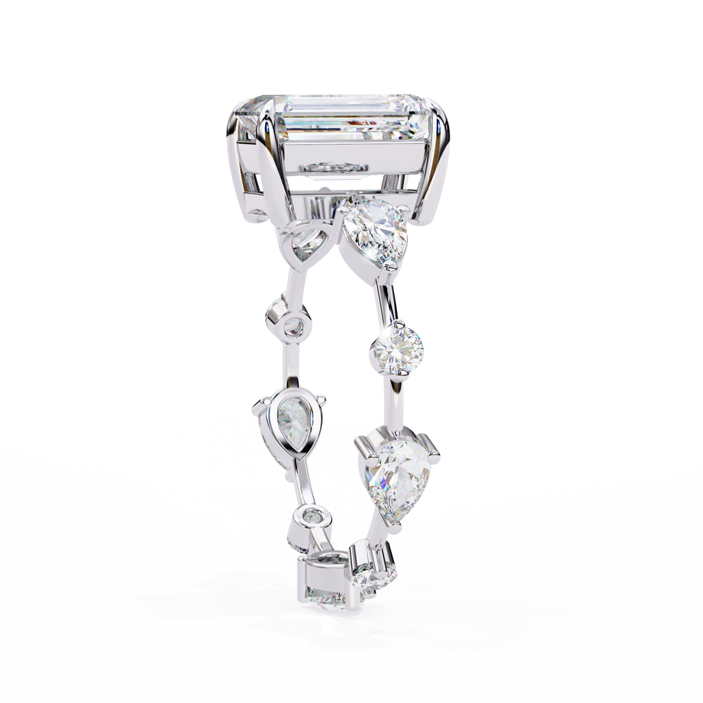 White Gold Emerald Cut Diamond Ring with Pear and Round Eternity Accents