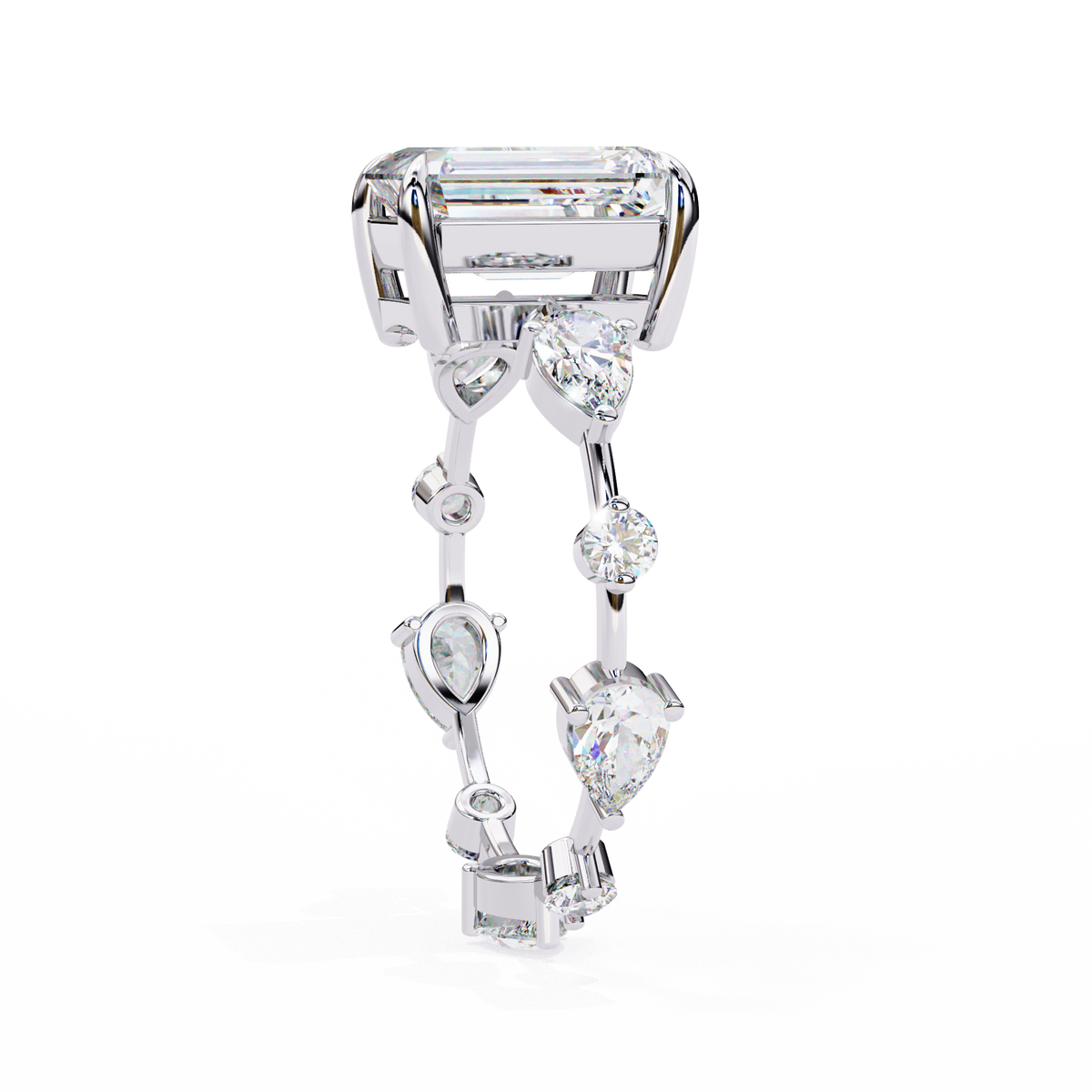 White Gold Emerald Cut Diamond Ring with Pear and Round Eternity Accents