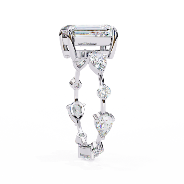 White Gold Emerald Cut Diamond Ring with Pear and Round Eternity Accents