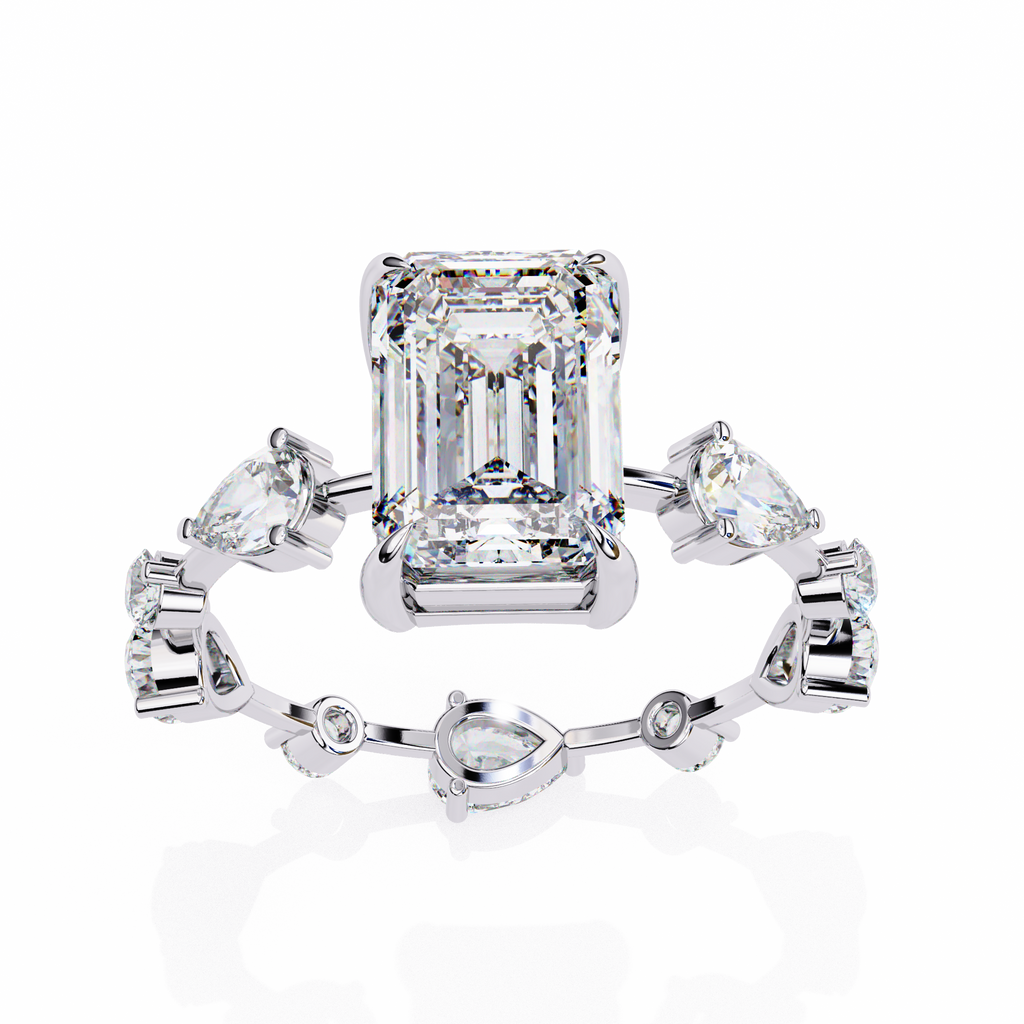 White Gold Emerald Cut Diamond Ring with Pear and Round Eternity Accents
