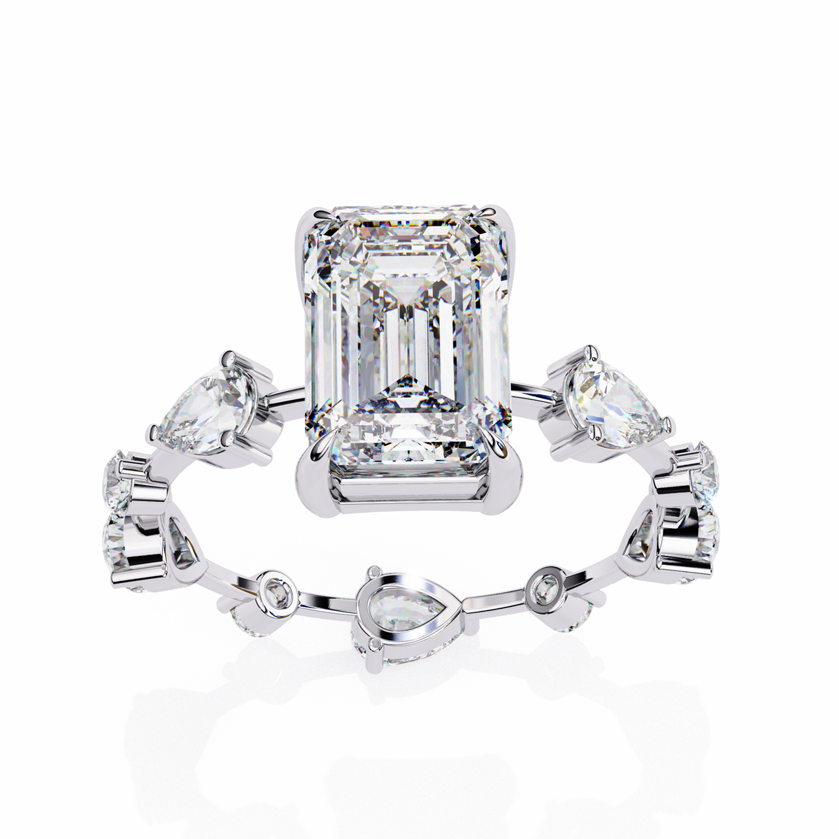 White Gold Emerald Cut Diamond Ring with Pear and Round Eternity Accents