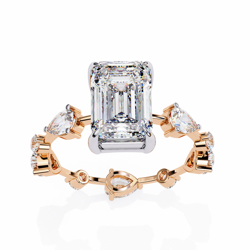 Rose Gold Emerald Cut Diamond Ring with Pear Eternity Band