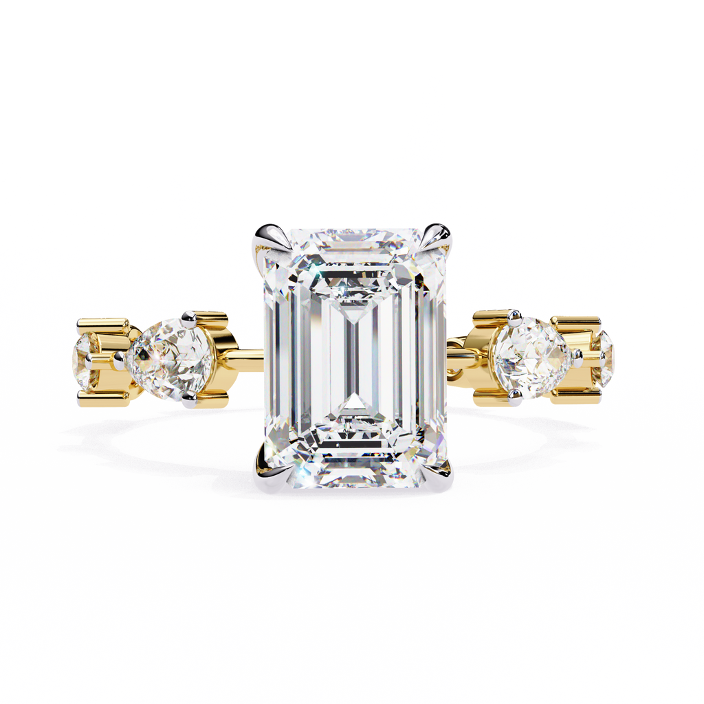 Yellow Gold Emerald Cut Diamond Ring with Pear and Round Eternity Accents