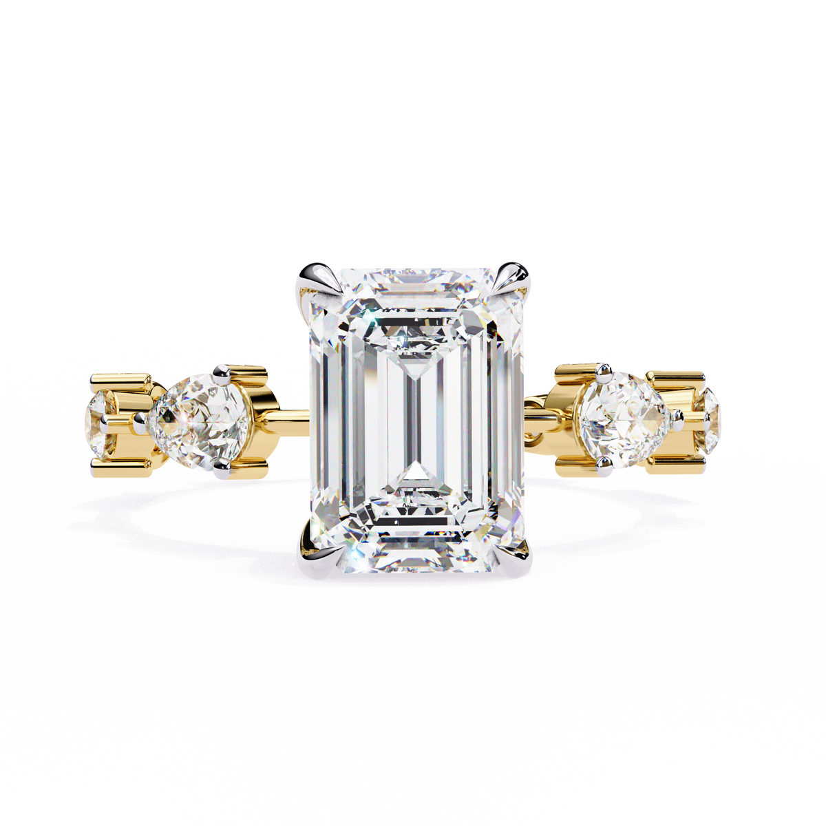 Yellow Gold Emerald Cut Diamond Ring with Pear and Round Eternity Accents