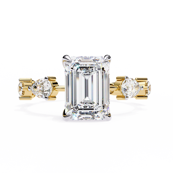 Yellow Gold Emerald Cut Diamond Ring with Pear and Round Eternity Accents