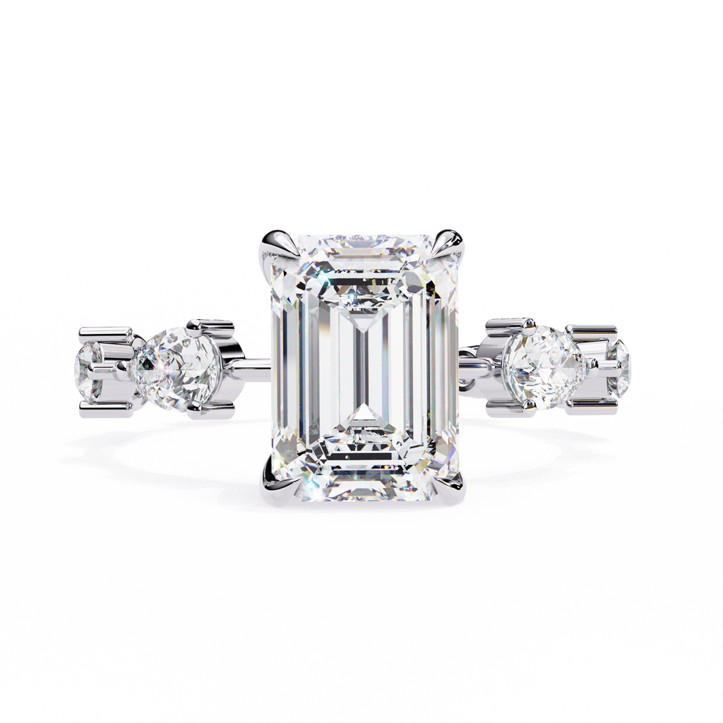 White Gold Emerald Cut Diamond Ring with Pear and Round Eternity Accents