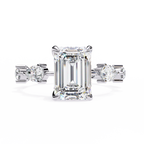 White Gold Emerald Cut Diamond Ring with Pear and Round Eternity Accents