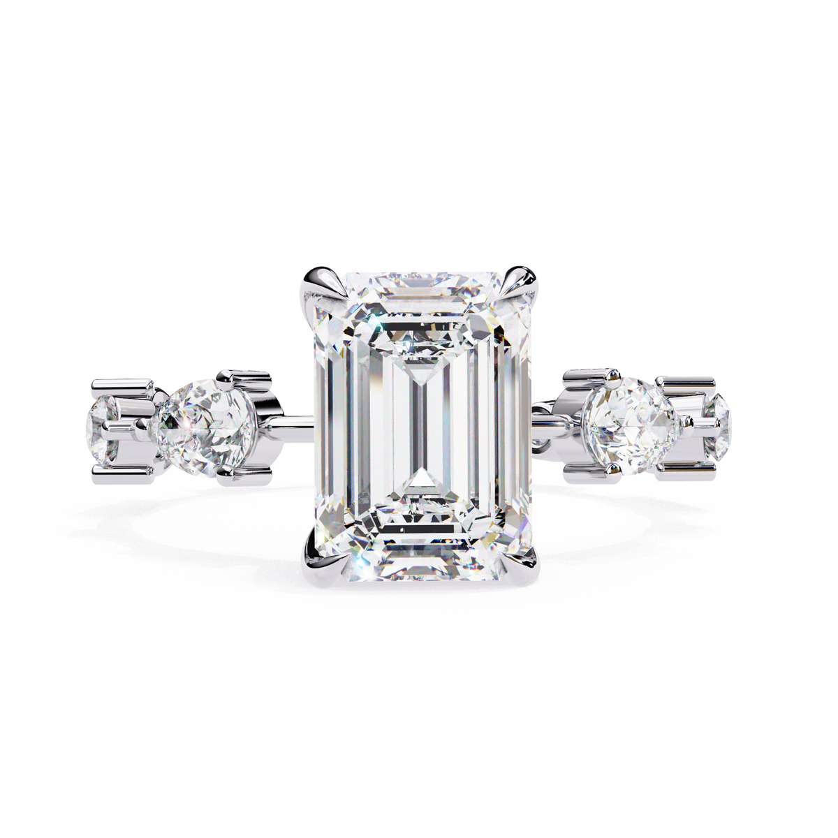 White Gold Emerald Cut Diamond Ring with Pear and Round Eternity Accents