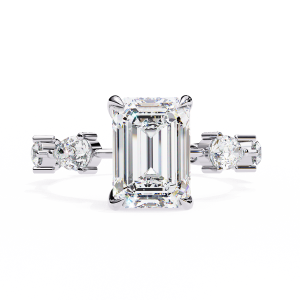 White Gold Emerald Cut Diamond Ring with Pear and Round Eternity Accents
