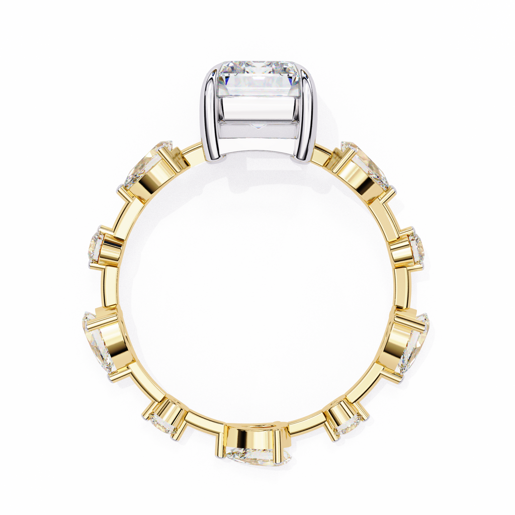 Yellow Gold Emerald Cut Diamond Ring with Pear and Round Eternity Accents