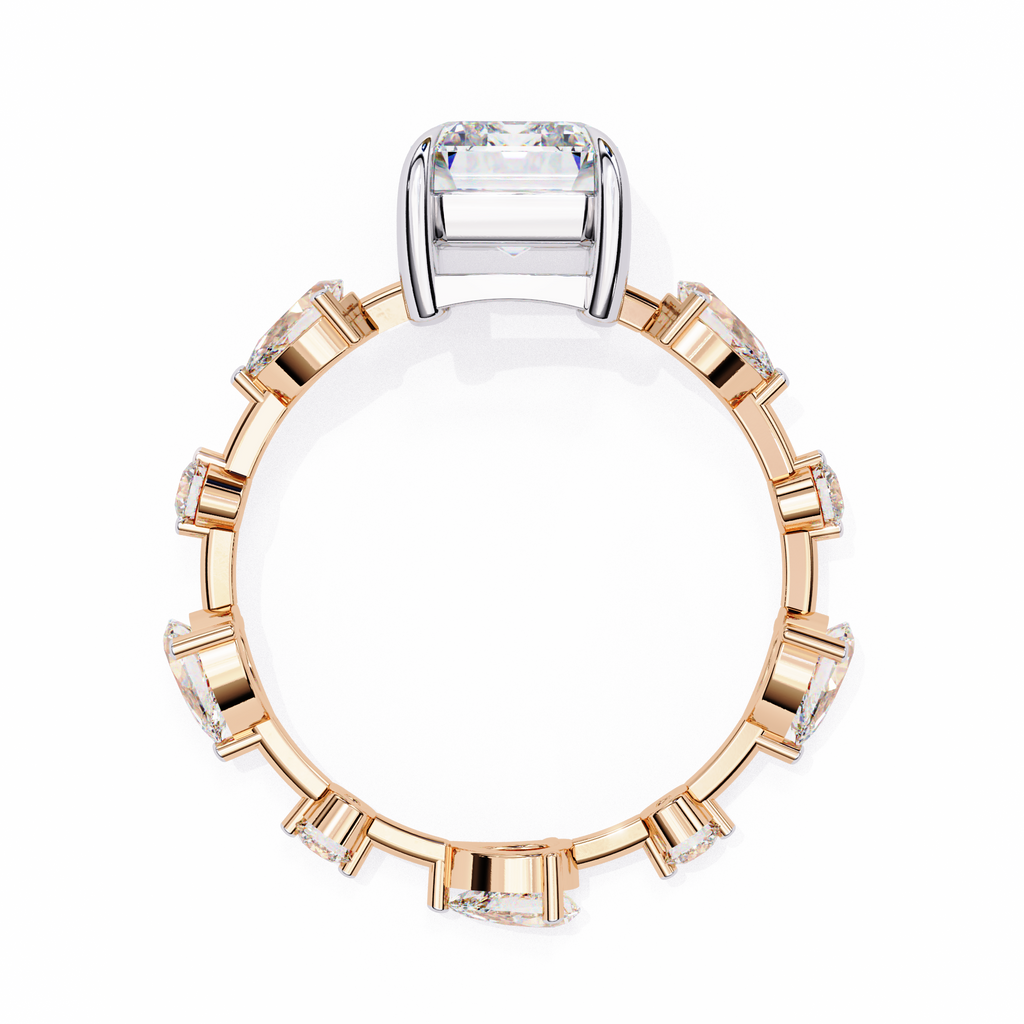 Rose Gold Emerald Cut Diamond Ring with Pear Eternity Band