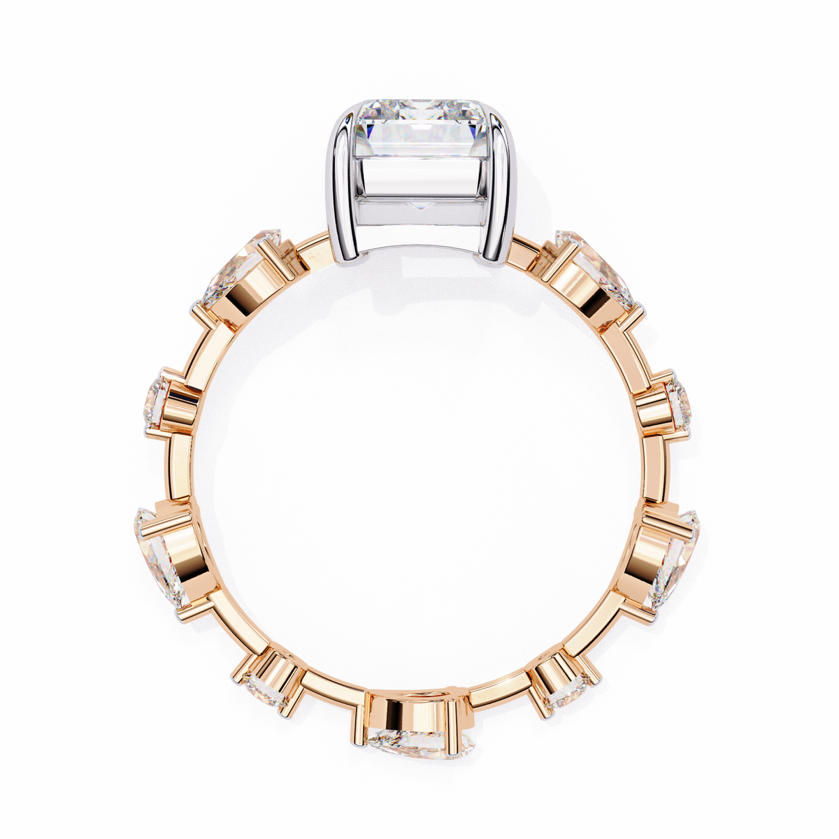 Rose Gold Emerald Cut Diamond Ring with Pear Eternity Band