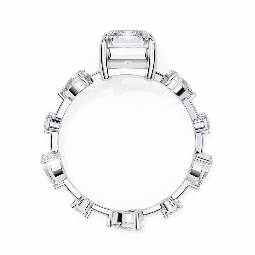 White Gold Emerald Cut Diamond Ring with Pear and Round Eternity Accents