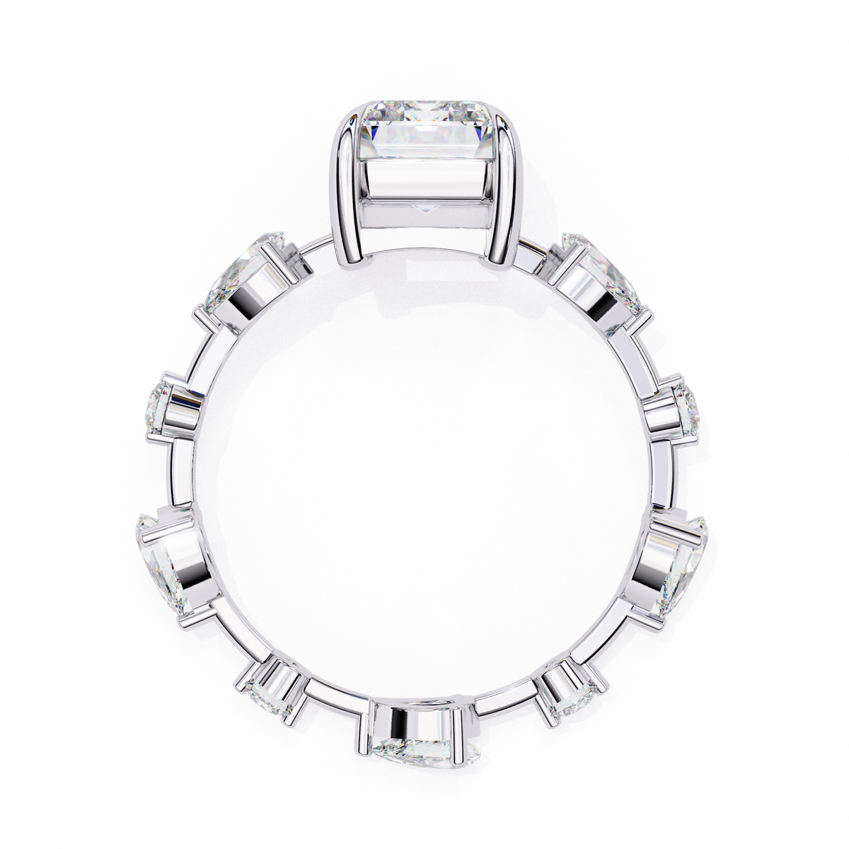 White Gold Emerald Cut Diamond Ring with Pear and Round Eternity Accents
