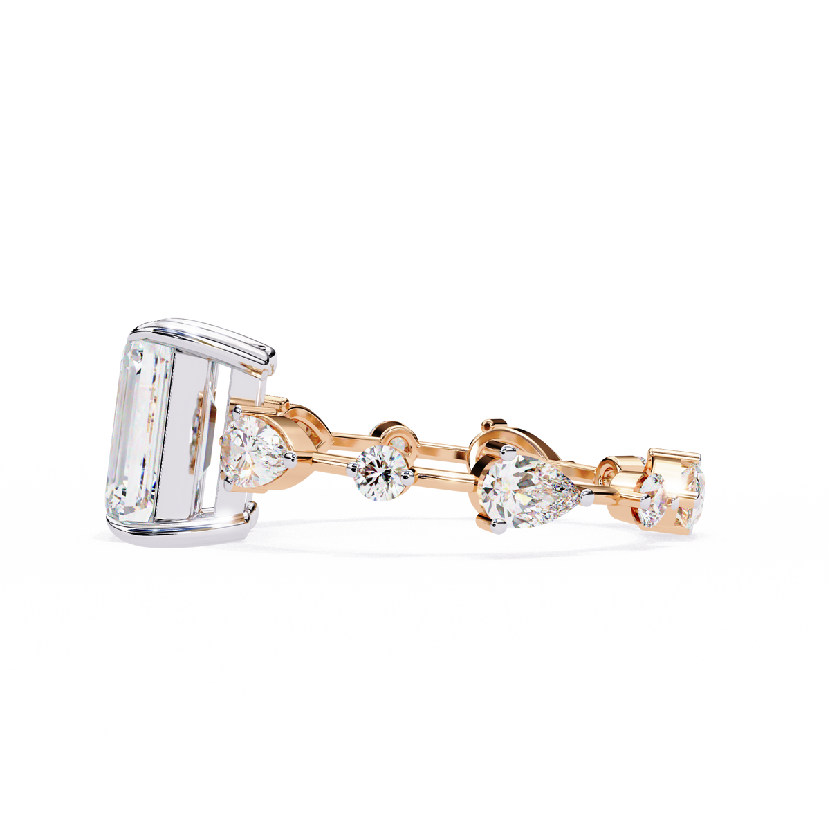 Rose Gold Emerald Cut Diamond Ring with Pear Eternity Band