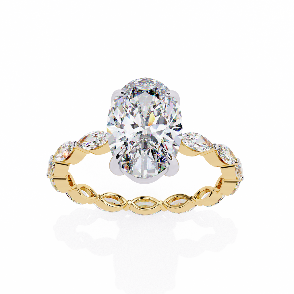 Yellow Gold Oval Cut Diamond Ring with Marquise Eternity Accents