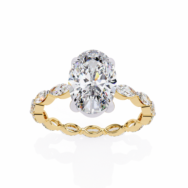 Yellow Gold Oval Cut Diamond Ring with Marquise Eternity Accents