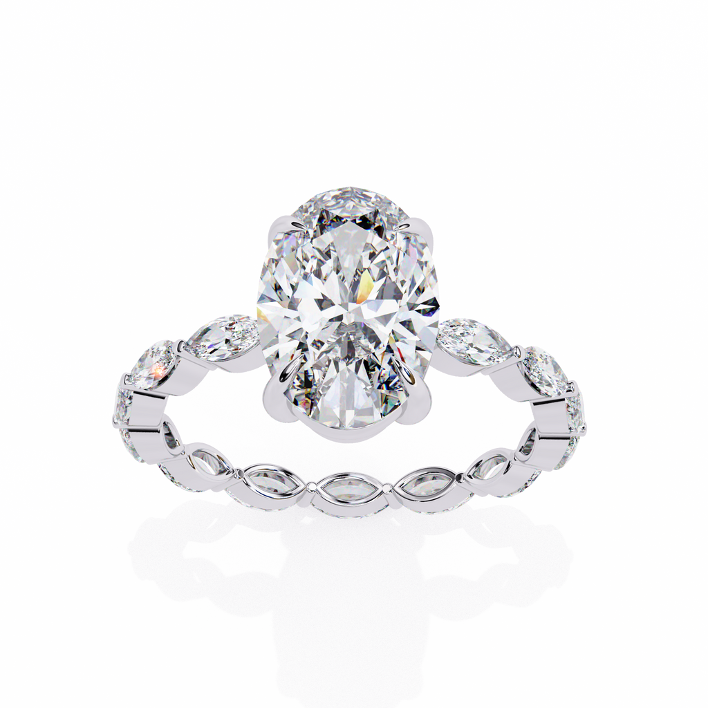 White Gold Oval Cut Diamond Ring with Marquise Eternity Accents