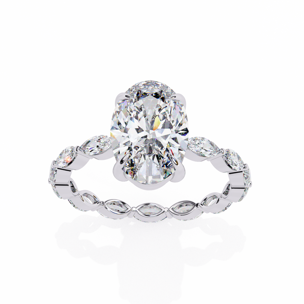 White Gold Oval Cut Diamond Ring with Marquise Eternity Accents