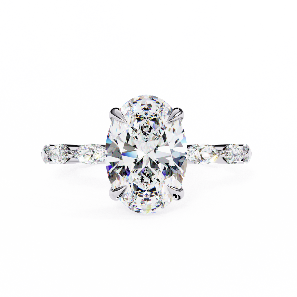 White Gold Oval Cut Diamond Ring with Marquise Eternity Accents