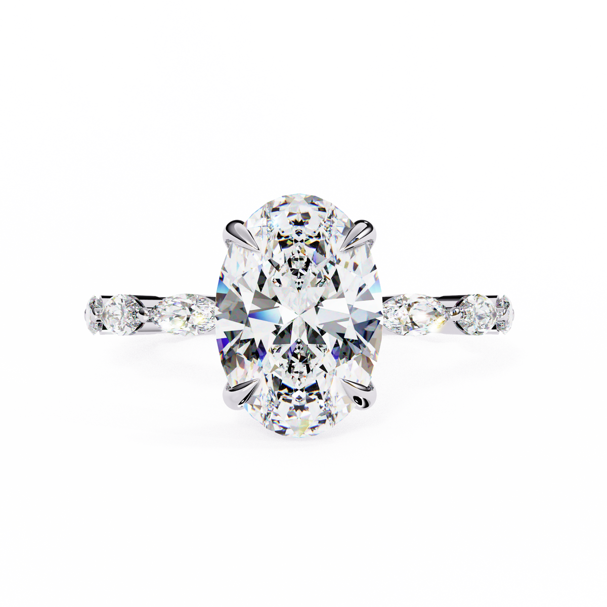 White Gold Oval Cut Diamond Ring with Marquise Eternity Accents