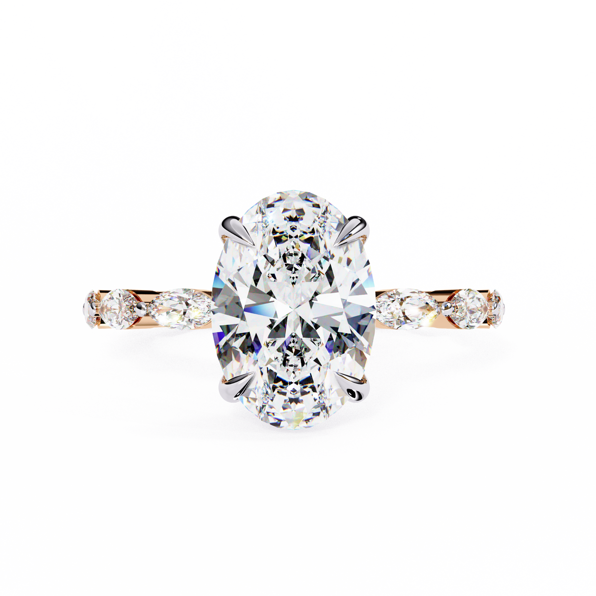 Rose Gold Oval Cut Diamond Ring with Marquise Eternity Band