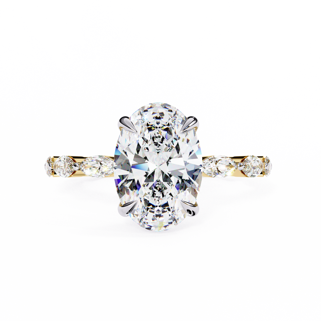 Yellow Gold Oval Cut Diamond Ring with Marquise Eternity Accents
