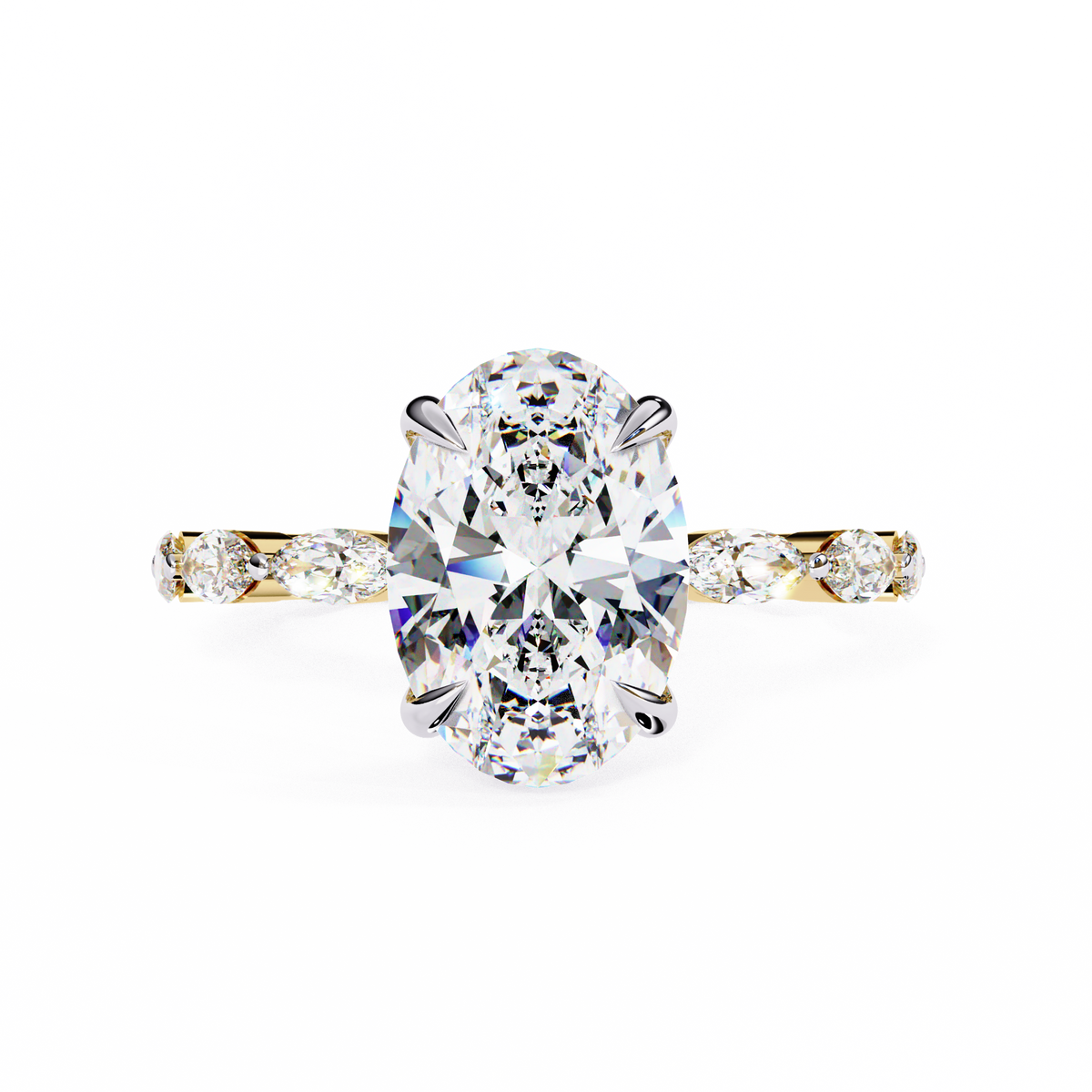 Yellow Gold Oval Cut Diamond Ring with Marquise Eternity Accents