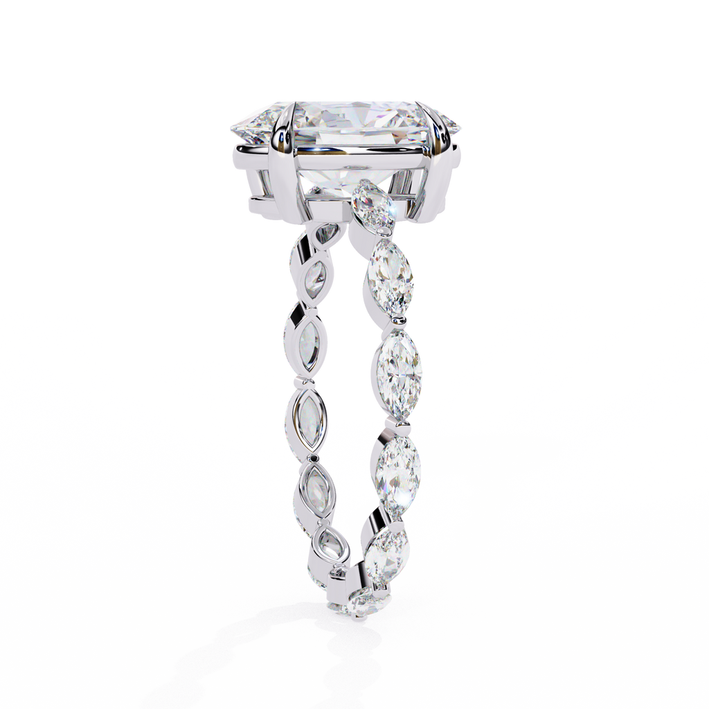 White Gold Oval Cut Diamond Ring with Marquise Eternity Accents