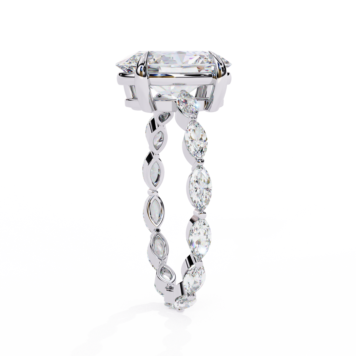 White Gold Oval Cut Diamond Ring with Marquise Eternity Accents