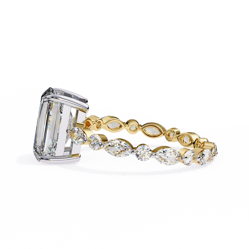 Yellow Gold Radiant Cut Diamond Ring with Pear and Round Accents