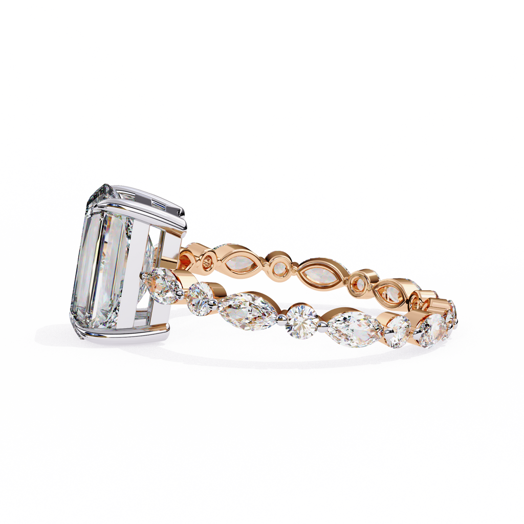 Rose Gold Radiant Cut Diamond Ring with Pear and Round Accent Band