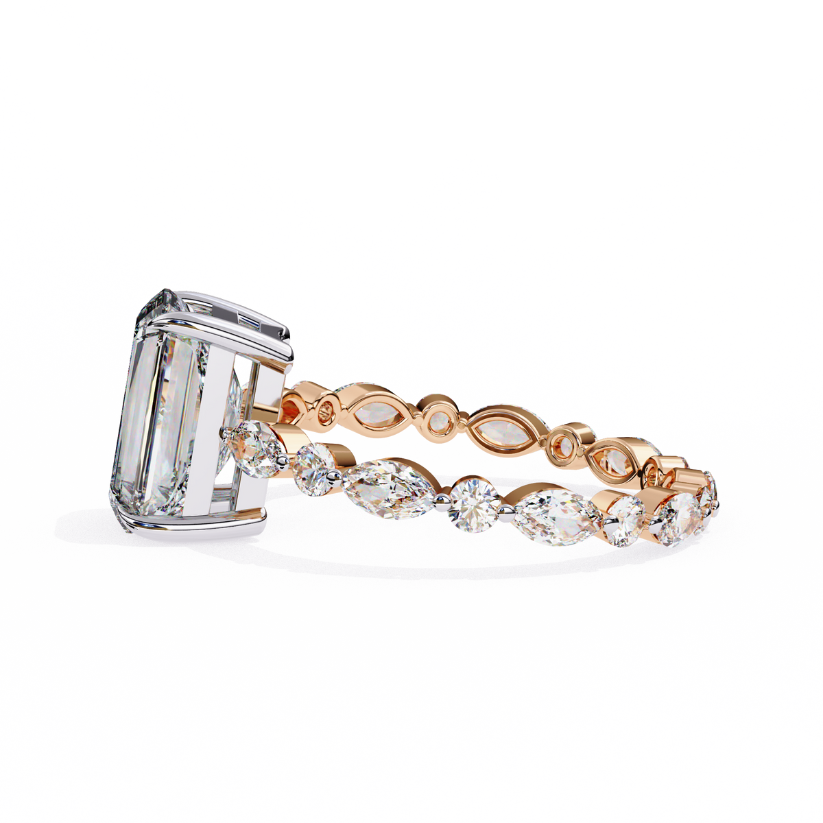 Rose Gold Radiant Cut Diamond Ring with Pear and Round Accent Band