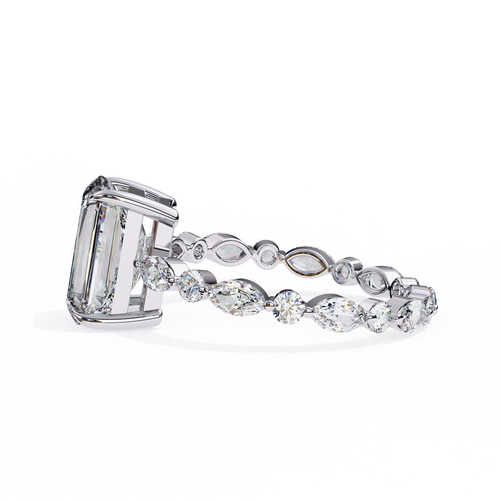 White Gold Radiant Cut Diamond Ring with Pear and Round Accents