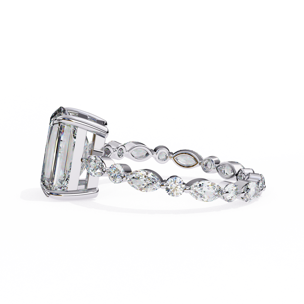 White Gold Radiant Cut Diamond Ring with Pear and Round Accents