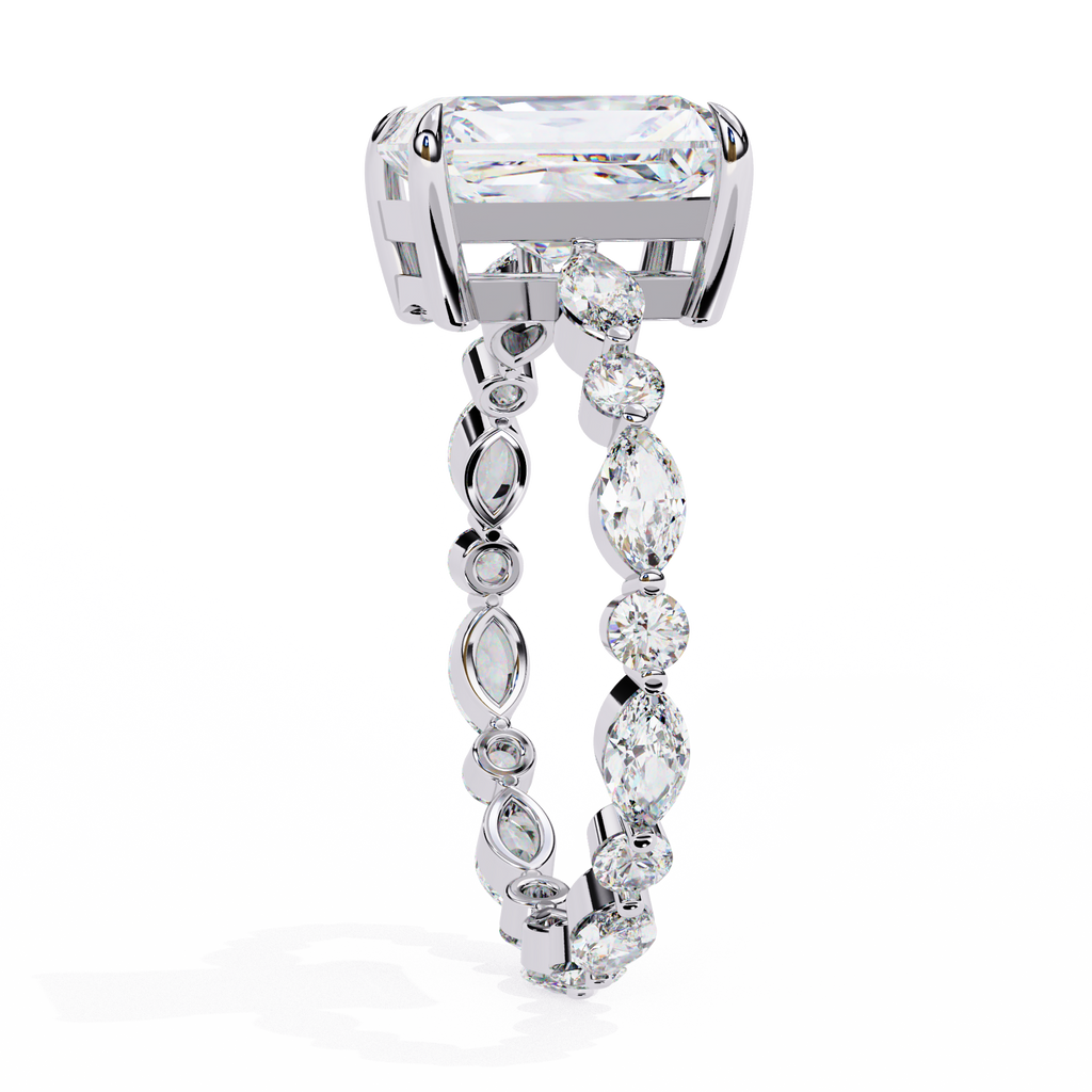 White Gold Radiant Cut Diamond Ring with Pear and Round Accents
