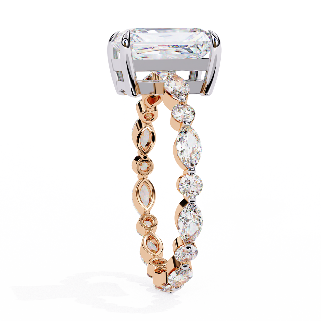 Rose Gold Radiant Cut Diamond Ring with Pear and Round Accent Band