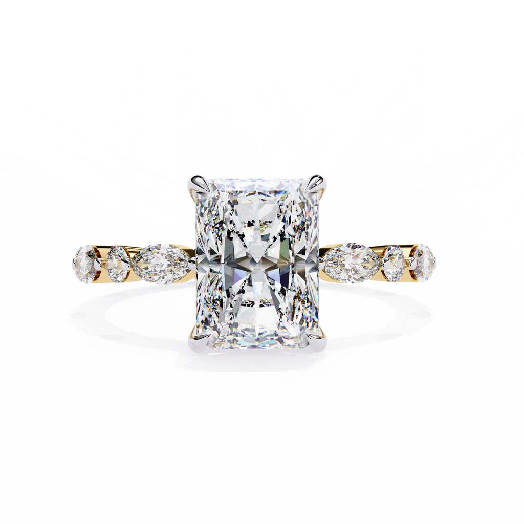 Yellow Gold Radiant Cut Diamond Ring with Pear and Round Accents