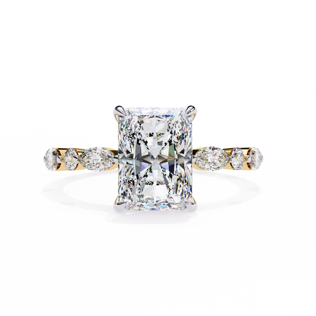 Yellow Gold Radiant Cut Diamond Ring with Pear and Round Accents