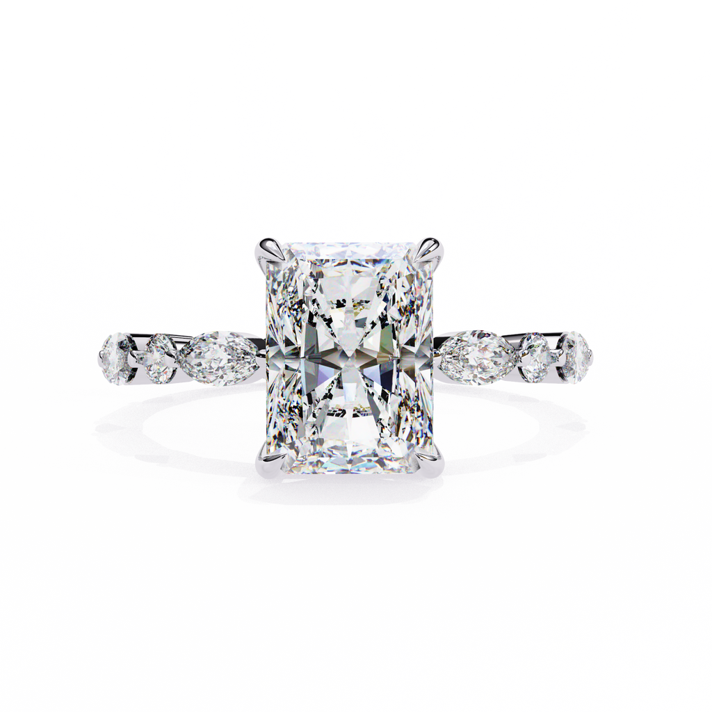 White Gold Radiant Cut Diamond Ring with Pear and Round Accents