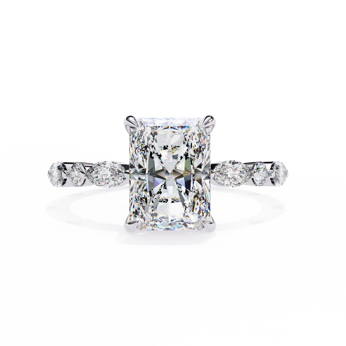 White Gold Radiant Cut Diamond Ring with Pear and Round Accents