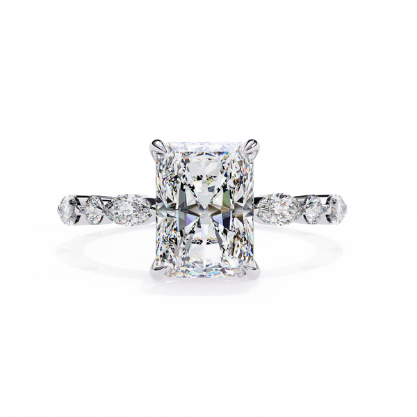 White Gold Radiant Cut Diamond Ring with Pear and Round Accents