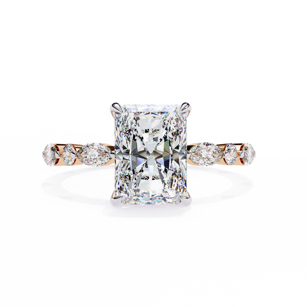 Rose Gold Radiant Cut Diamond Ring with Pear and Round Accent Band