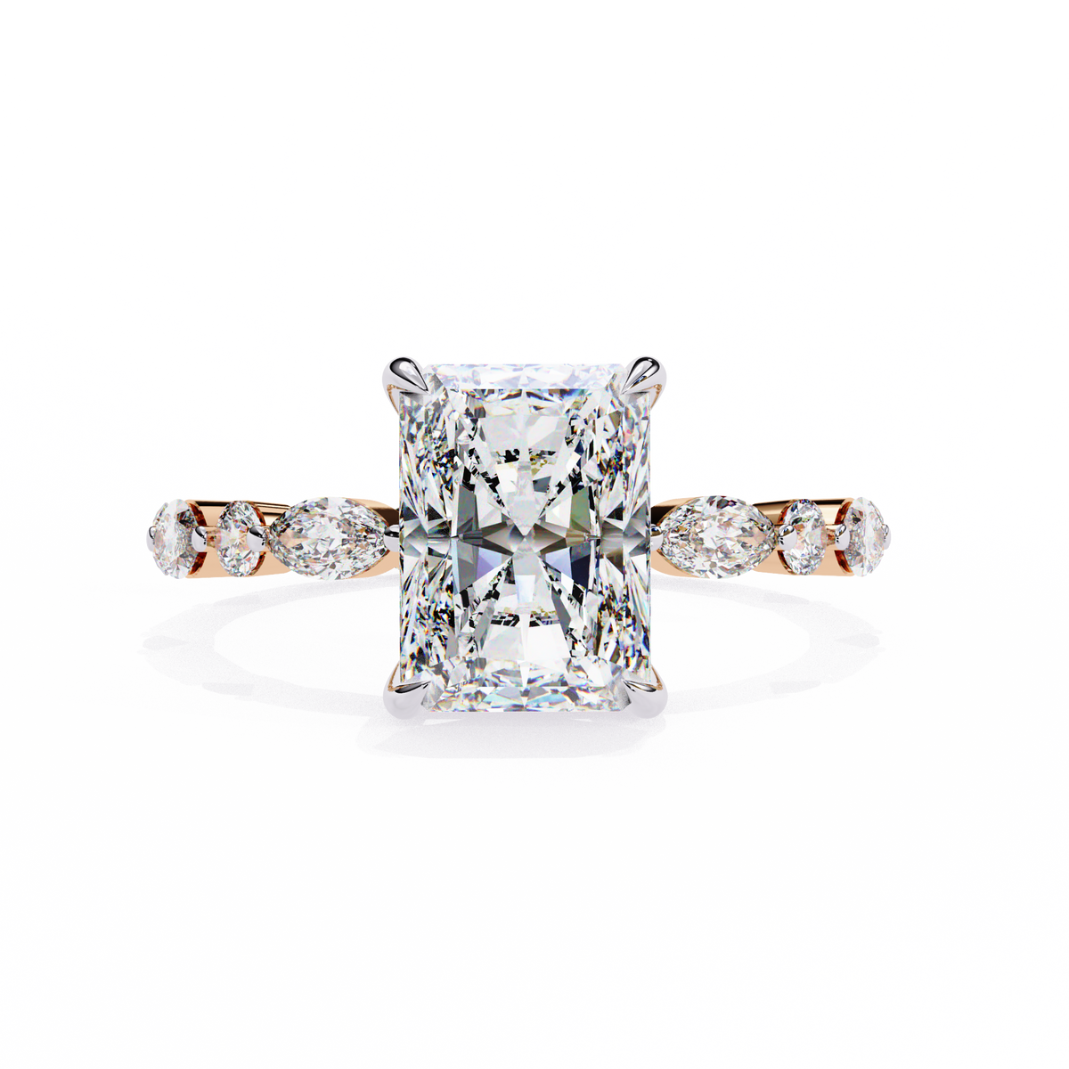 Rose Gold Radiant Cut Diamond Ring with Pear and Round Accent Band