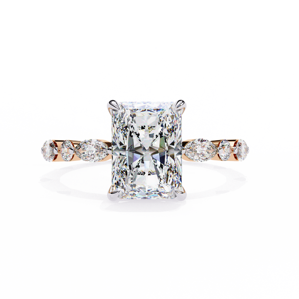 Rose Gold Radiant Cut Diamond Ring with Pear and Round Accent Band
