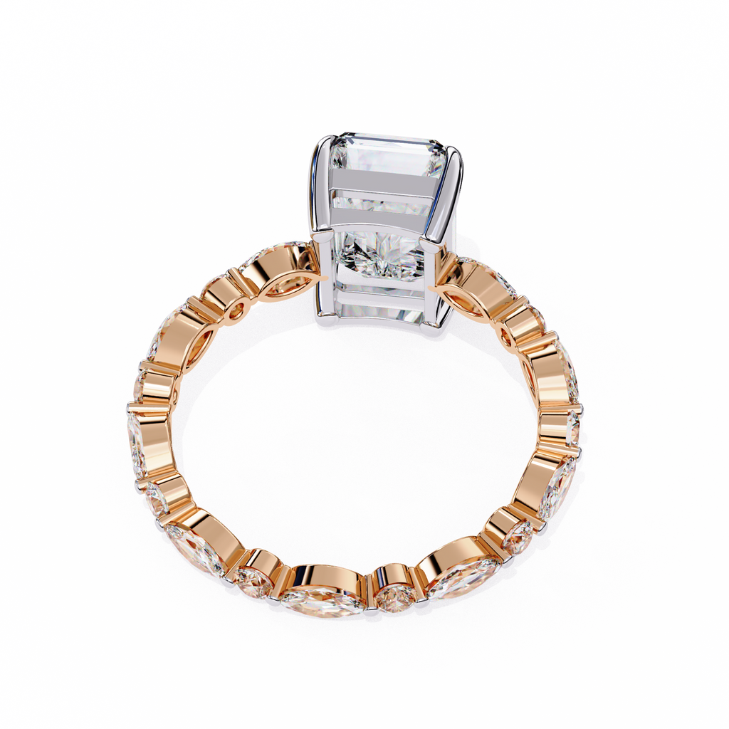 Rose Gold Radiant Cut Diamond Ring with Pear and Round Accent Band